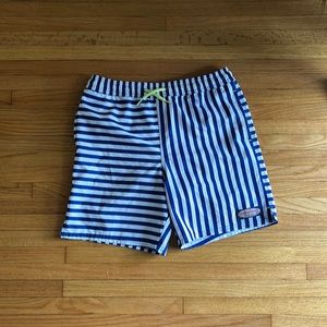 Blue and white striped men’s swim trunks